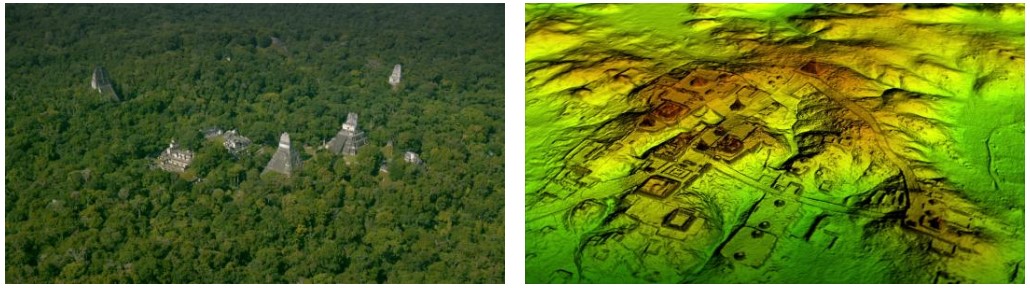 Representación artística del posible aspecto de una antigua ciudad maya en el pasado (artista desconocido). - La tecnología láser conocida como LiDAR quita digitalmente el dosel del bosque para revelar ruinas antiguas, mostrando que las ciudades mayas eran mucho más grandes que lo sugerido por la investigación en tierra.