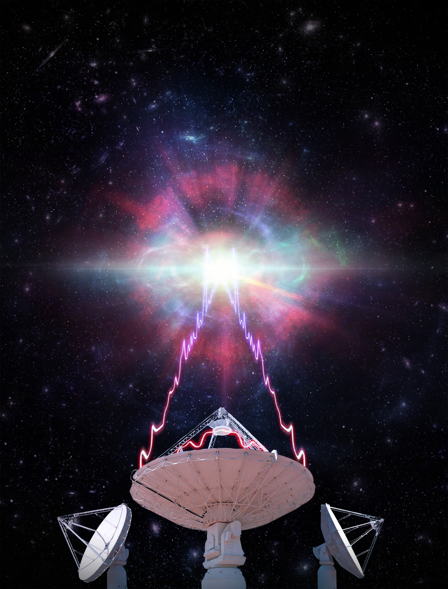 Impresión artística que muestra una de las antenas de radio telescopios ASKAP de CSIRO observando una ráfaga de radio rápida (FRB).