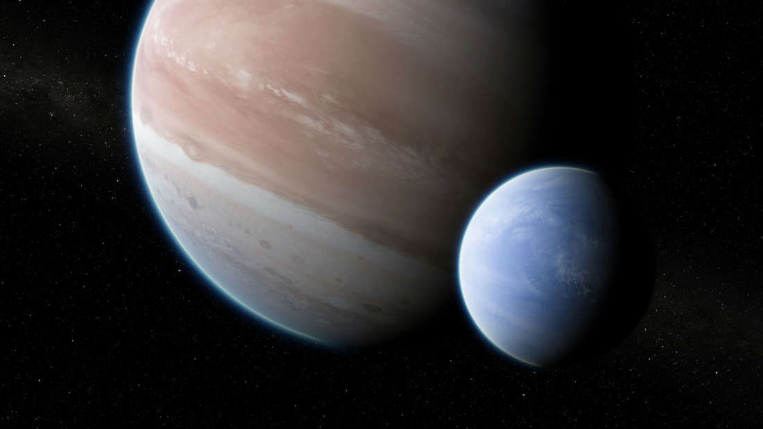 exoplaneta Kepler-1625b con su presunta luna.