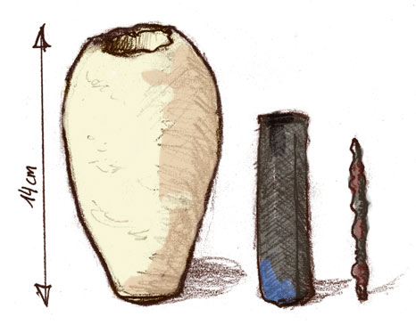 Dibujo que muestra los tres elementos de la Batería de Bagdad. Dibujo que muestra los tres elementos de la Batería de Bagdad.
