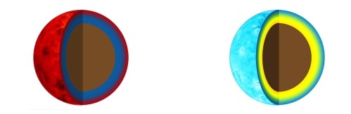 Izq.: Modelo de un exoplaneta con estructura rocosa y atmósfera gaseosa. Der.: Modelo de un exoplaneta con estructura rocosa y atmósfera gaseosa