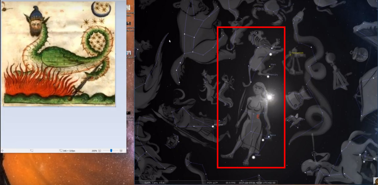 Izquierda: ilustración del Dragón del Apocalipsis. Derecha: constelaciones en el día 23 de septiembre de 2017. En el cuadro rojo se señala las constelaciones de Virgo y Leo. El punto más brillante de en medio es el Sol.