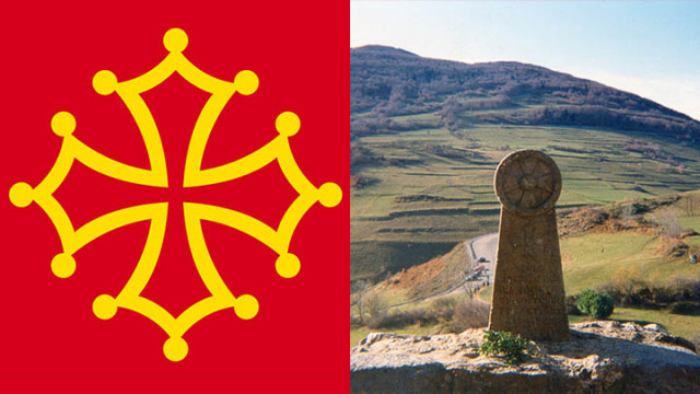 Izquierda: parte de la bandera de Occitania con una cruz asociada a los cátaros. Derecha: monumento conmemorativo de los mártires cátaros de Montsegur.