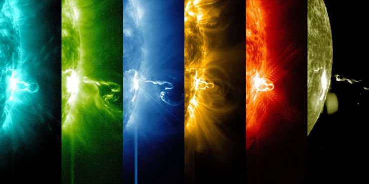 llamarada solar en diferentes longitudes de onda de luz