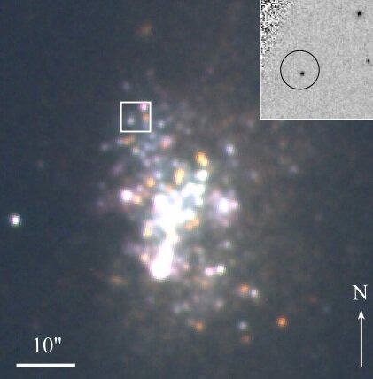 Superposición de las imágenes B, V y Rc de la galaxia UGC 6456