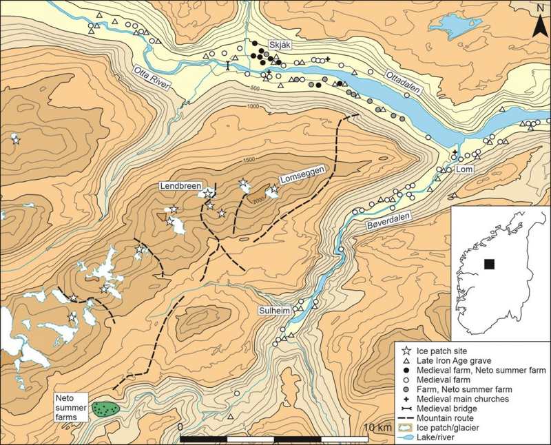 Mapa de las rutas antiguas en el glaciar de Lendbreen