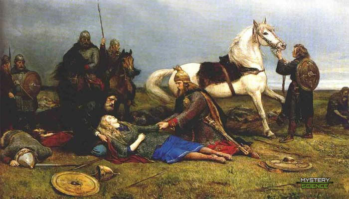 Guerreros Vikingos ayudando a una mujer herida en batalla