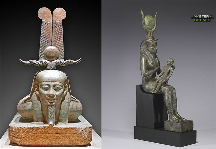 Escultura de Osiris y de Isis con su hijo Horus