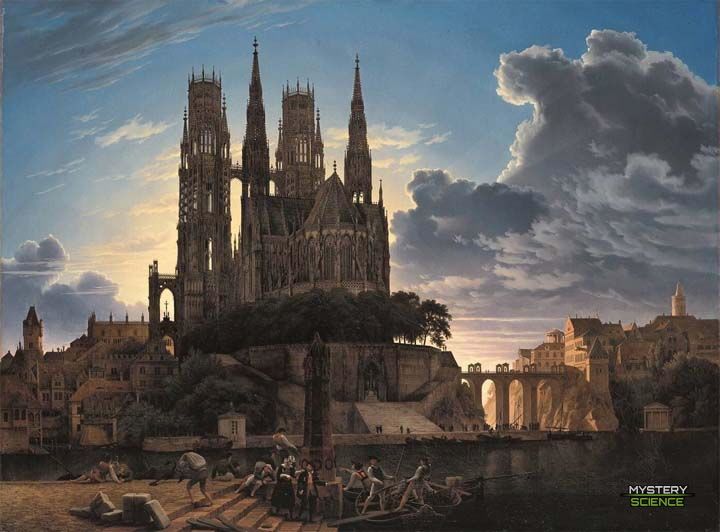 Pueblo medieval cerca del agua, pintura de Karl Eduard Biermann