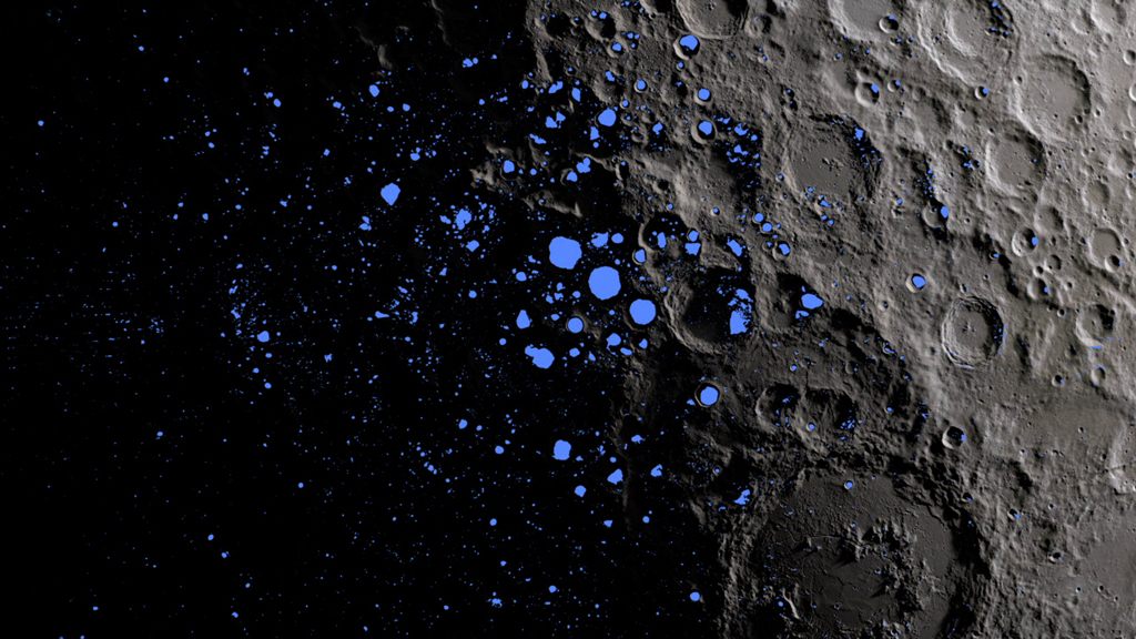 Las regiones en sombra permanente (azul) cubren alrededor del tres por ciento del polo sur de la luna