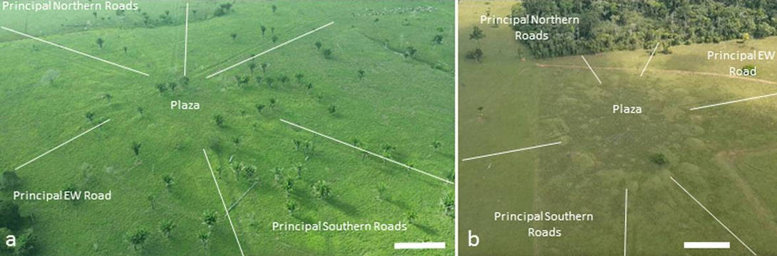 Ejemplos de aldeas de montículos circulares donde destacan las carreteras principales y el área de la plaza