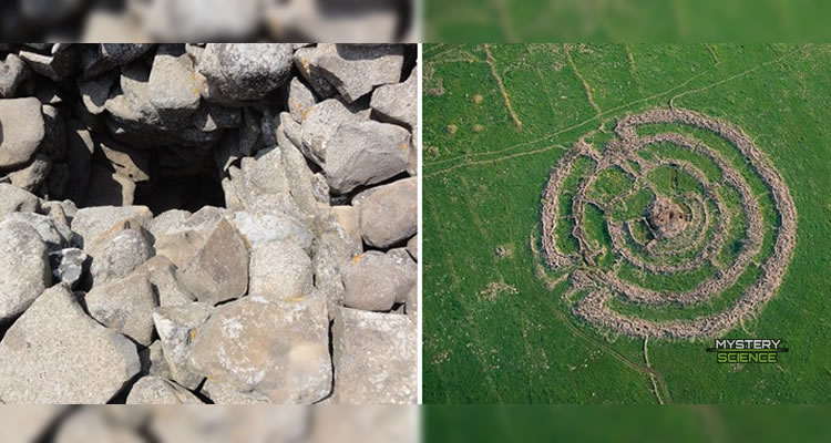 Centro y vista aérea del monumento megalítico Rujm El-Hiri