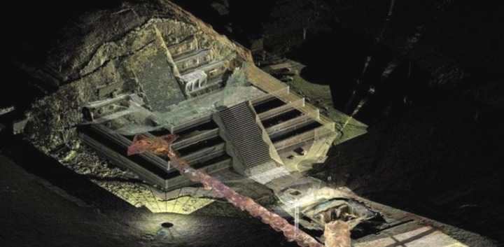 Ilustración del túnel que puede conducir a una tumba real descubierta debajo del templo de Quetzalcóatl en la antigua ciudad de Teotihuacan