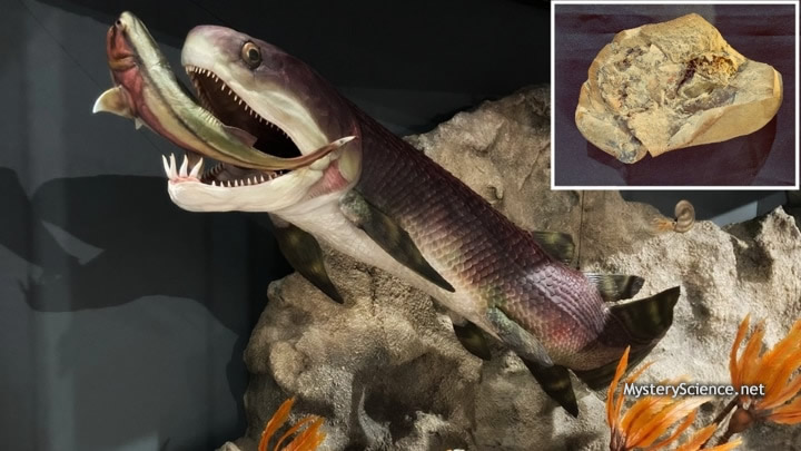 Modelo de exhibición de museo del pez cuyos fósiles contienen el corazón conservado más antiguo descubierto hasta ahora