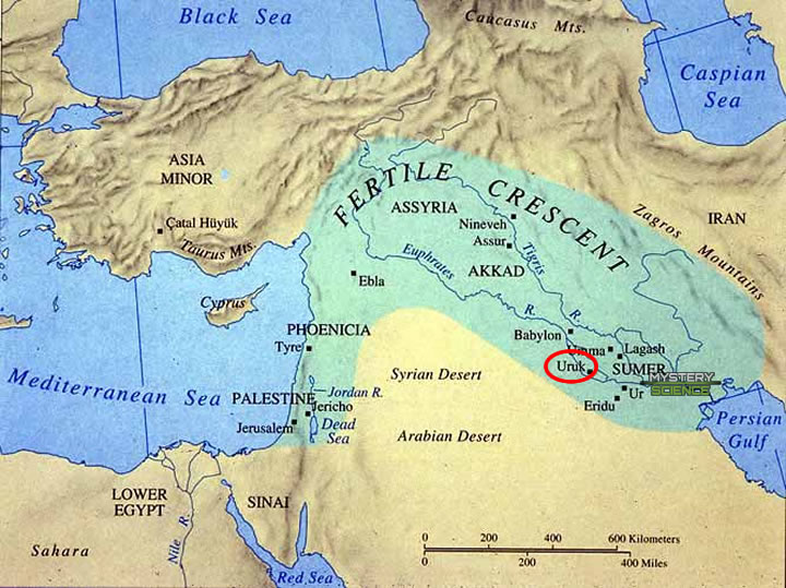 Ubicación de las ciudades de la antigua Mesopotamia. Uruk se encuentra en el sur.