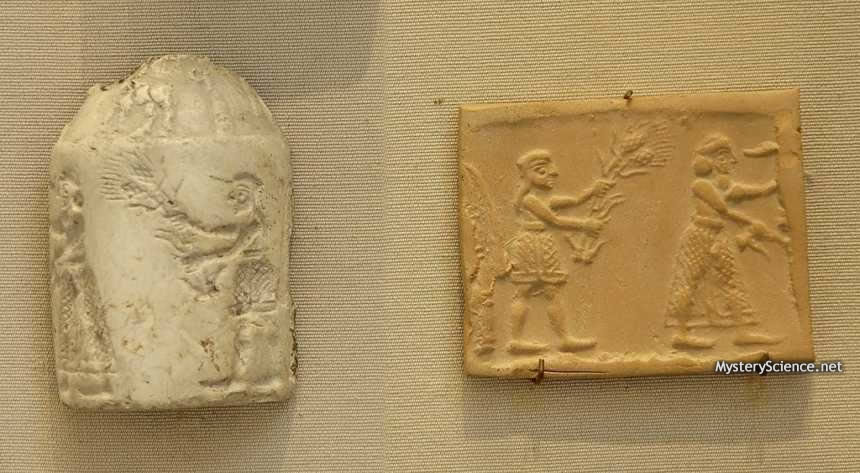 Sello cilíndrico del período Uruk y su impresión, datado en el 3100 a.C