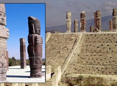 Las esculturas colosales que coronan una pirámide en México