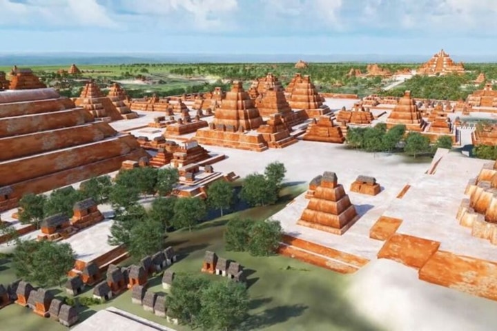 Reconstrucción artística que muestra lo que habrían sido las antiguas ciudades mayas ubicadas