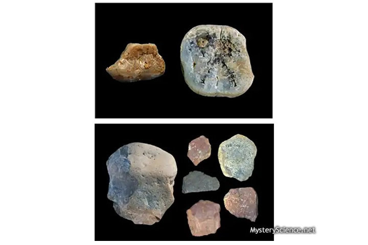 Arriba: Dos molares de Paranthropus hallados, un homínido que no es pariente directo del ser humano. Abajo: Roca de la izquierda: material de partida de los artefactos oldowanos. Los homínidos martilleaban virutas afiladas del núcleo de la roca para utilizarlas como herramientas