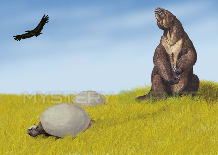 Ilustración de un perezoso gigante junto a fauna del pleistoceno