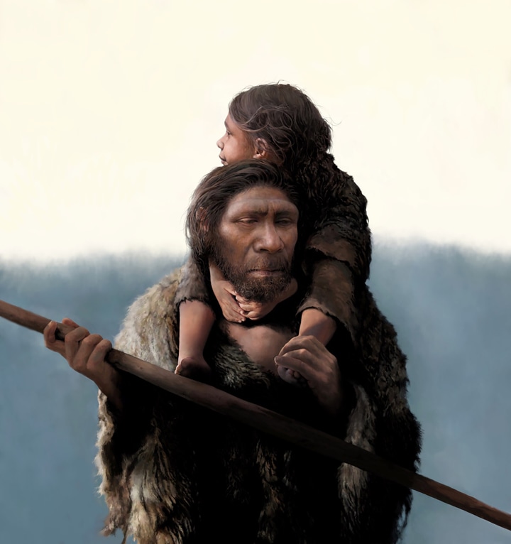 Reconstrucción de un neandertal con su hijo