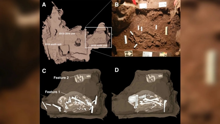 Imagen que muestra dos elementos funerarios descubiertos en la Cámara Dinaledi de la cueva Rising Star