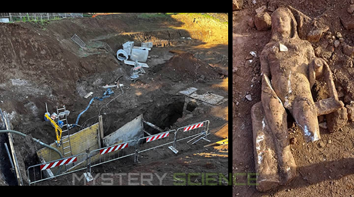 Vista de la excavación realizada sobre las alcantarillas romanas y la estatua encontrada