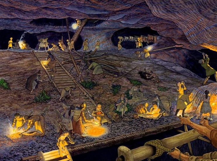 Ilustración de cómo era la minería en la mina de sal de Hallstatt en la Edad del Bronce